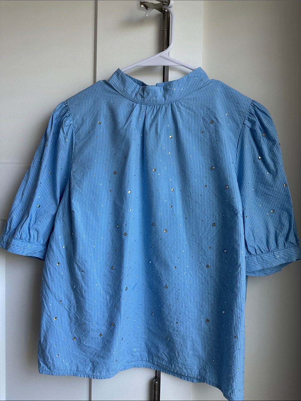 LOFT Light Blue Pinstripe Blouse with Gold Dot Accents. Worn once.